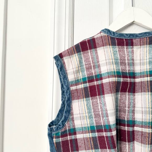Metro Express Vintage Denim Chambray Red Plaid Flannel Back Button Vest L 14/16 - Picture 8 of 12